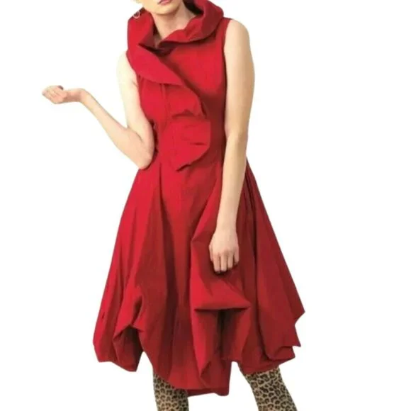 Samuel Dong Red Bubble Dress W/ Asymmetrical Ruffle Collar & Sleeveless Fit Medi - Picture 2 of 10